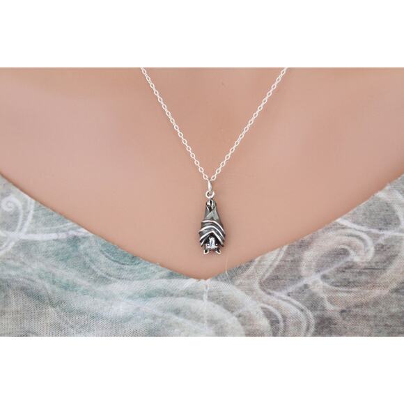 Sterling Silver Hanging Bat Pendant Necklace - Picture 1 of 4